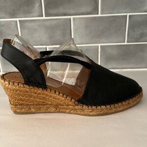 AZURA Black Leather Closed Toe Espadrille Wedges Size 10 Euro 40 Made in Spain